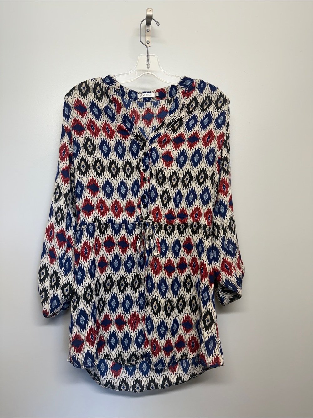 Paper Scissors Boho Printed Drawstring Waist Blouse in Red, Blue, and Black